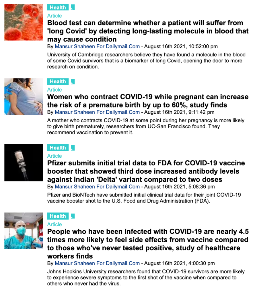 Screenshot of the four articles written by Mansur Shaheen for Daily Mail on August 16, 2021. 