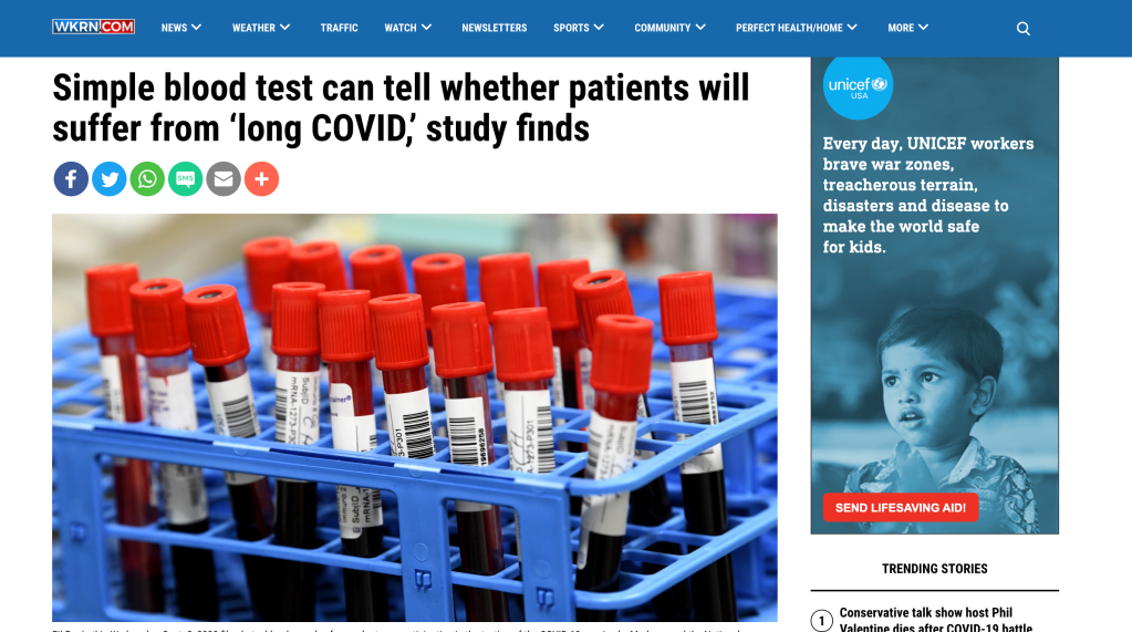 Screenshot of the WKRN article on easy long COVID diagnosis which is  linked in the blogpost.