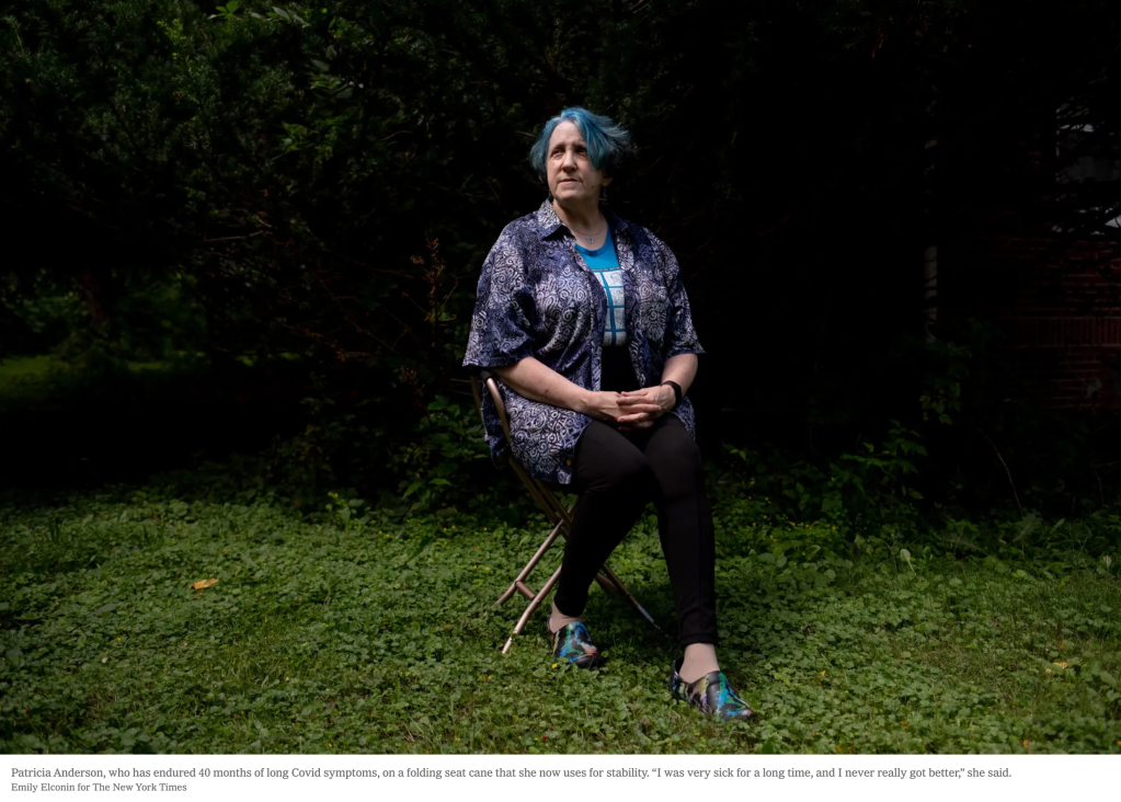 Patricia Anderson, who has endured 40 months of long Covid symptoms, on a folding seat cane that she now uses for stability. “I was very sick for a long time, and I never really got better,” she said. Credit...Emily Elconin for The New York Times